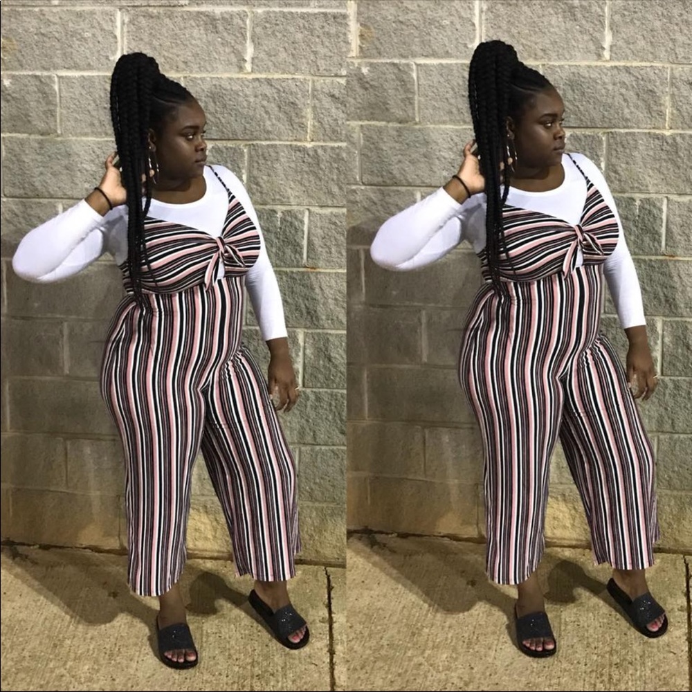 Pink, Black, and White Pinstriped Jumpsuit